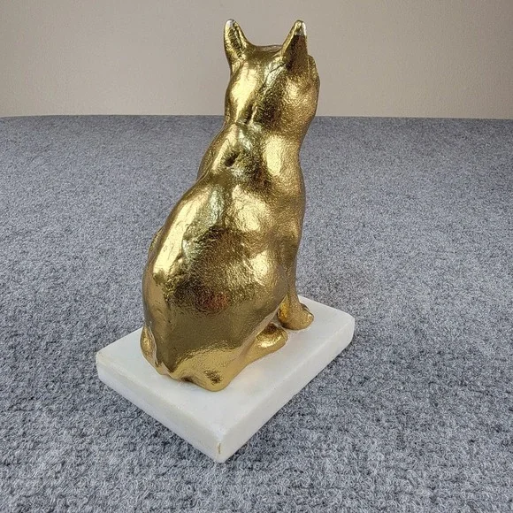 Vintage 6" Gold Textured Cat Figurine Statue on White Marble Base Bookend Decor - Picture 12 of 16